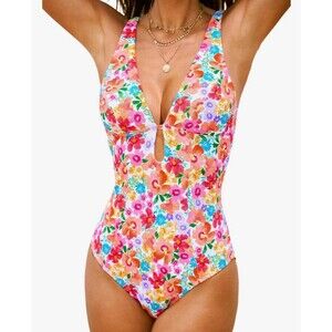 CUPSHE One Piece Swimsuit Deep V Neck Keyhole Cutout O Ring Textured  NWT